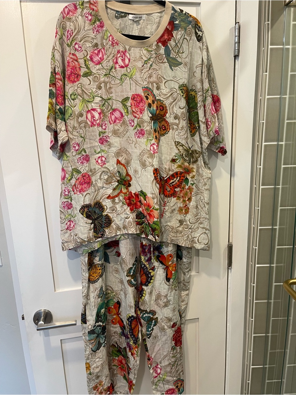 JOhnny Was Floral Butterfly Print Silk Lounge Pants & Top Set - Cream sz XL